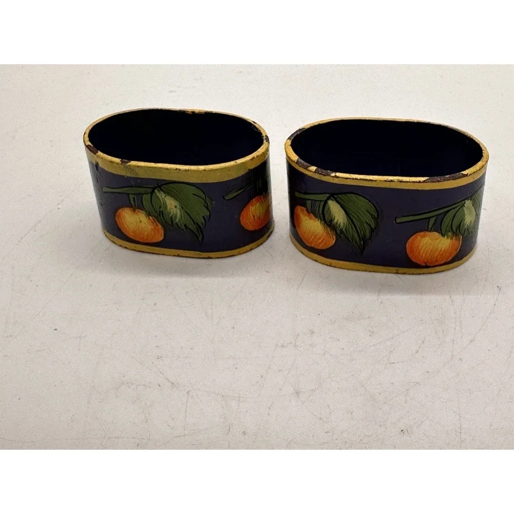 Pair Hand Painted Metal Napkin Rings Italian Tuscan Citrus Fruit Blue Decor